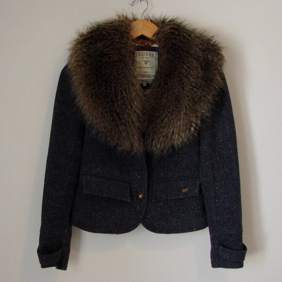 Vintage Y2K Jacket Blazer Guess Wool Blend Faux Fur Detachable Collar NWOT NEW - Picture 5 of 16